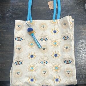 Boho Evil Eye Canvas Tote Bag with Blue Handles
